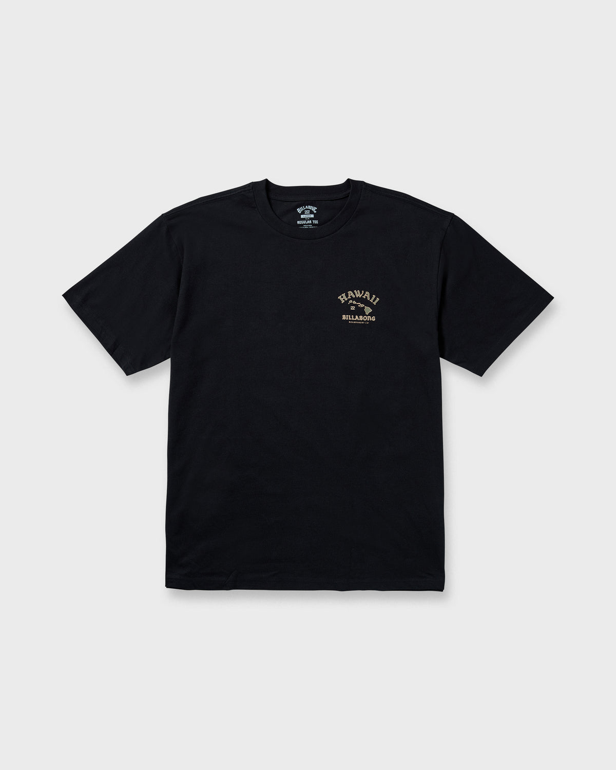 Black short-sleeve crew neck t-shirt with "Hawaii Billabong" text and island chain graphic on chest.