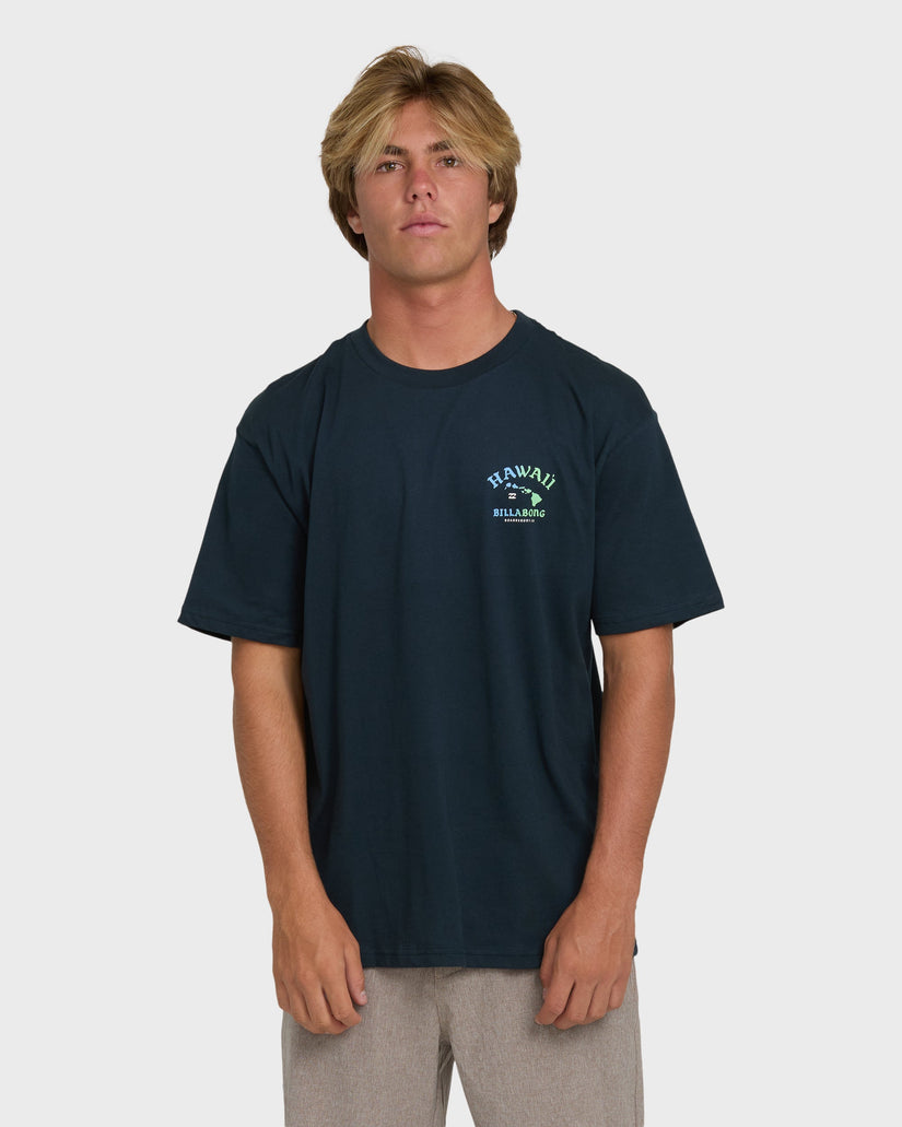 Navy short sleeve tee with small Hawaii Billabong graphic on chest.