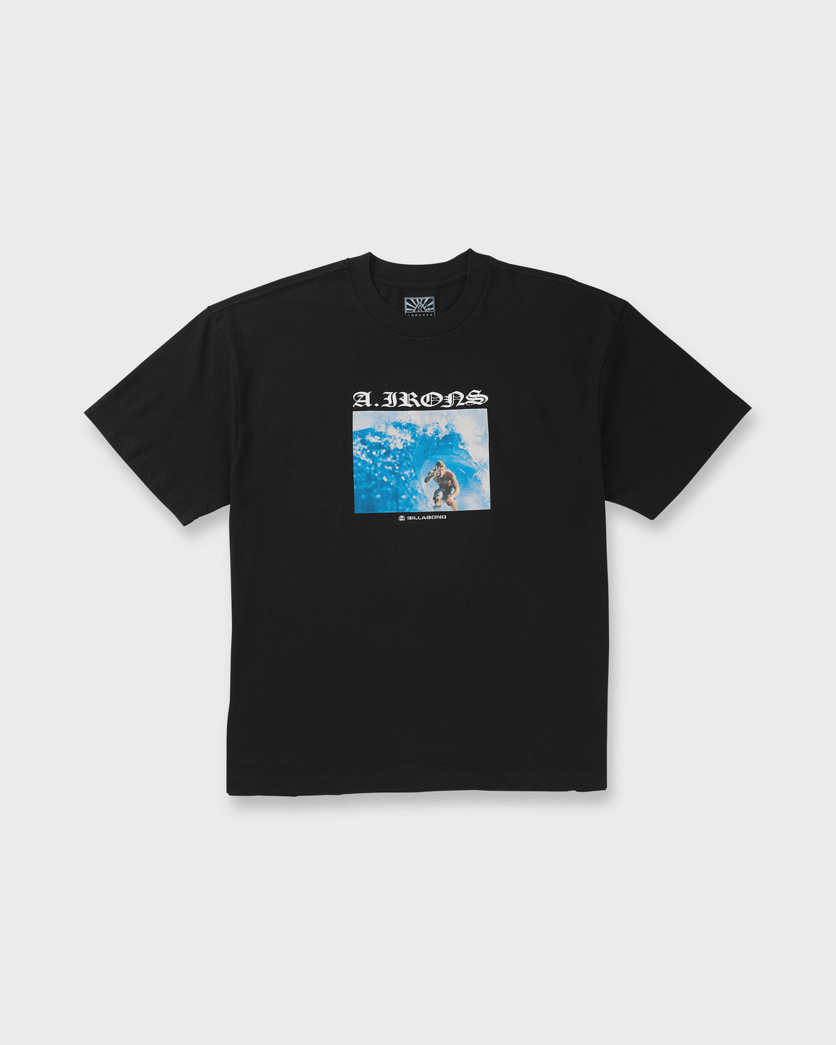 Black short sleeve t-shirt with "A.I.RONS" text and blue water graphic on chest.