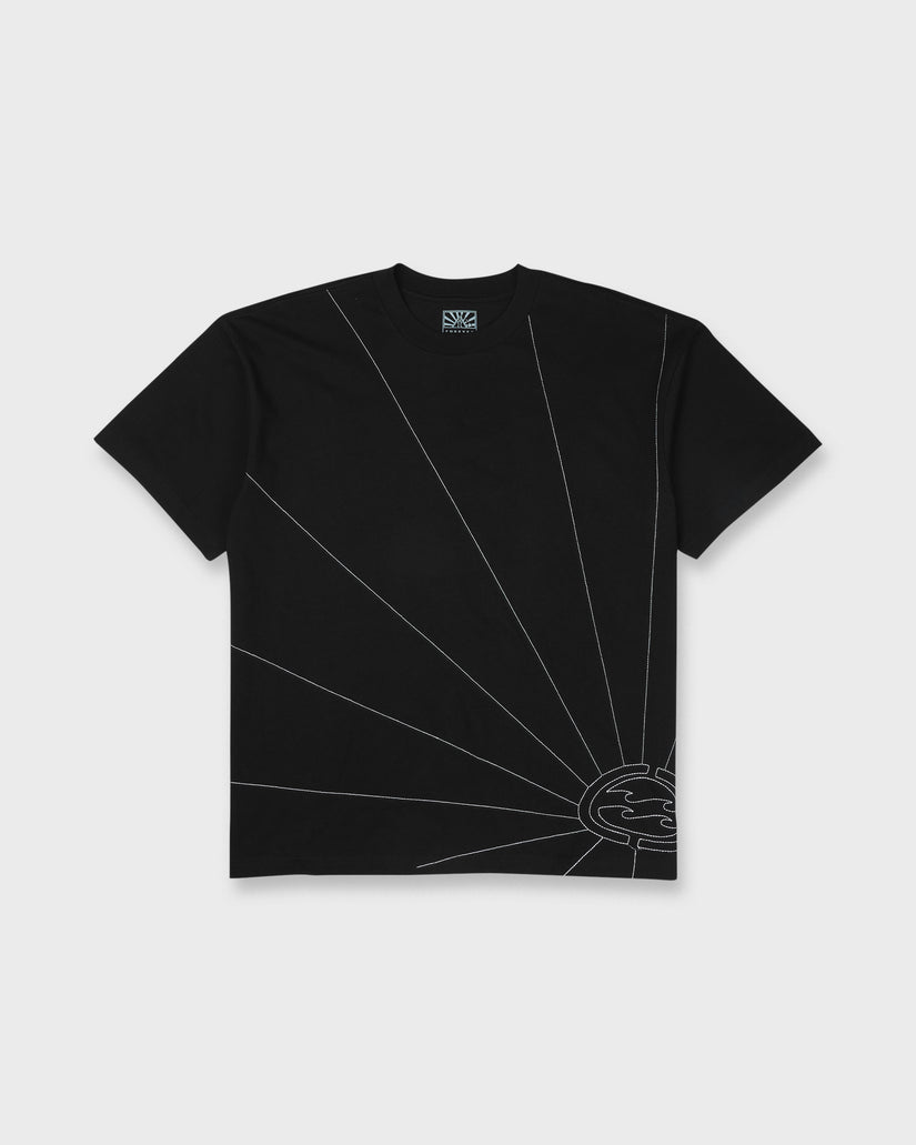 Black short sleeve t-shirt with white line graphic of radiating lines and circular design in lower right corner.