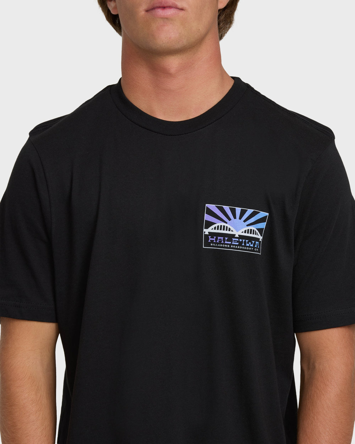 Black short sleeve t-shirt with small rectangular graphic on chest featuring rising sun and bridge design.