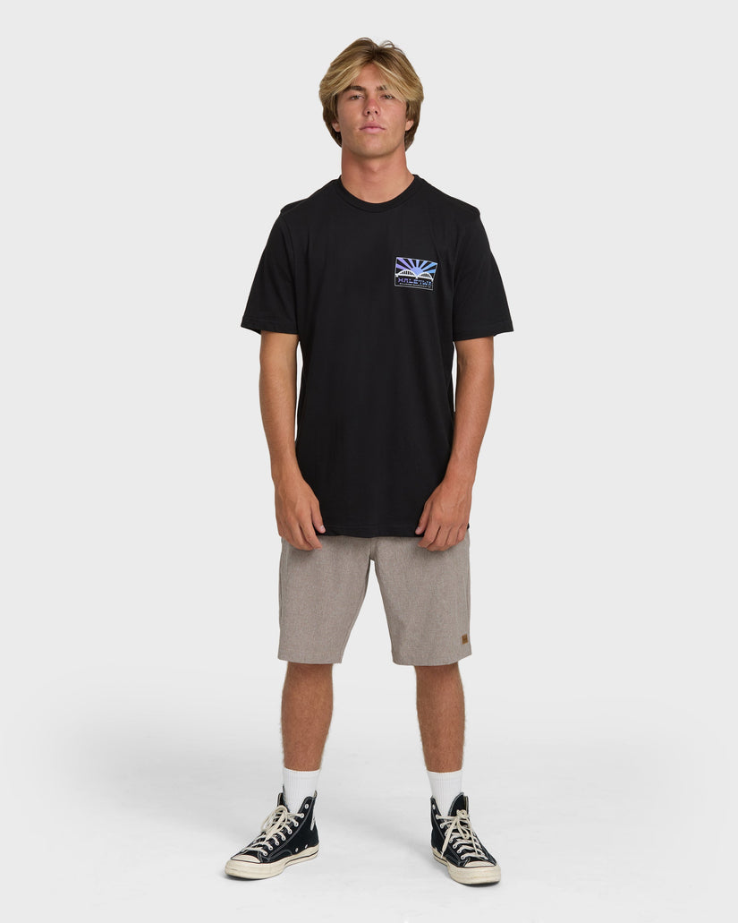 Black short sleeve t-shirt with small rising sun graphic on chest.