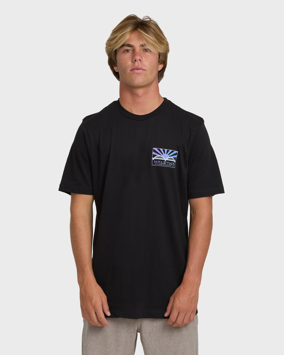 Black short-sleeve t-shirt with small rising sun graphic on chest.