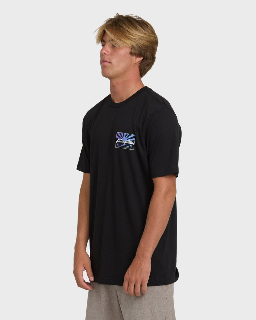 Black short sleeve t-shirt with small rising sun graphic on chest.