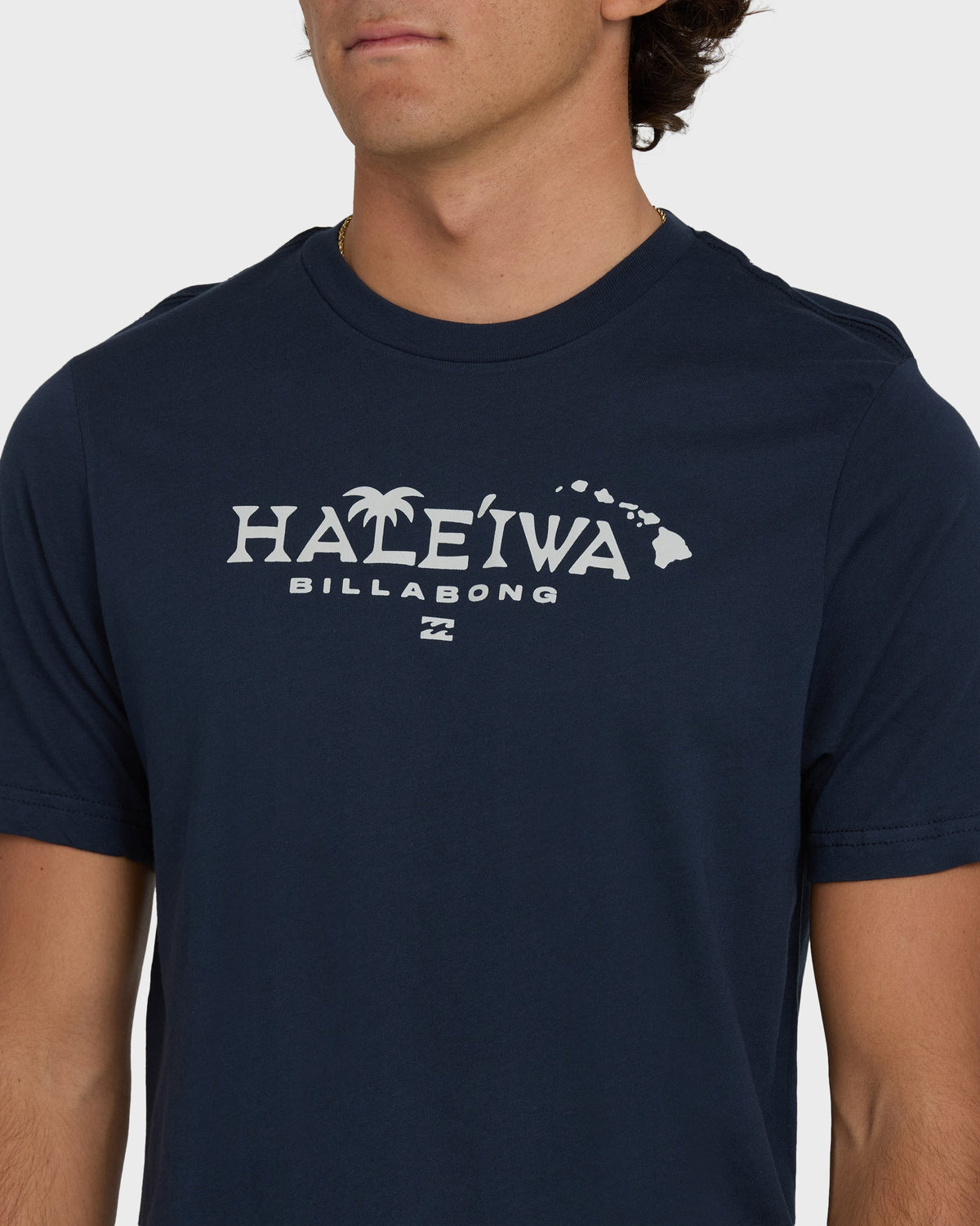 Navy short sleeve t-shirt with white "Haleiwa Billabong" text and palm tree graphic on chest.
