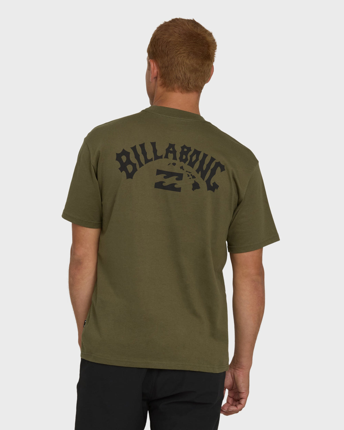Olive green short-sleeve t-shirt with "Billabong" text and logo printed on back.