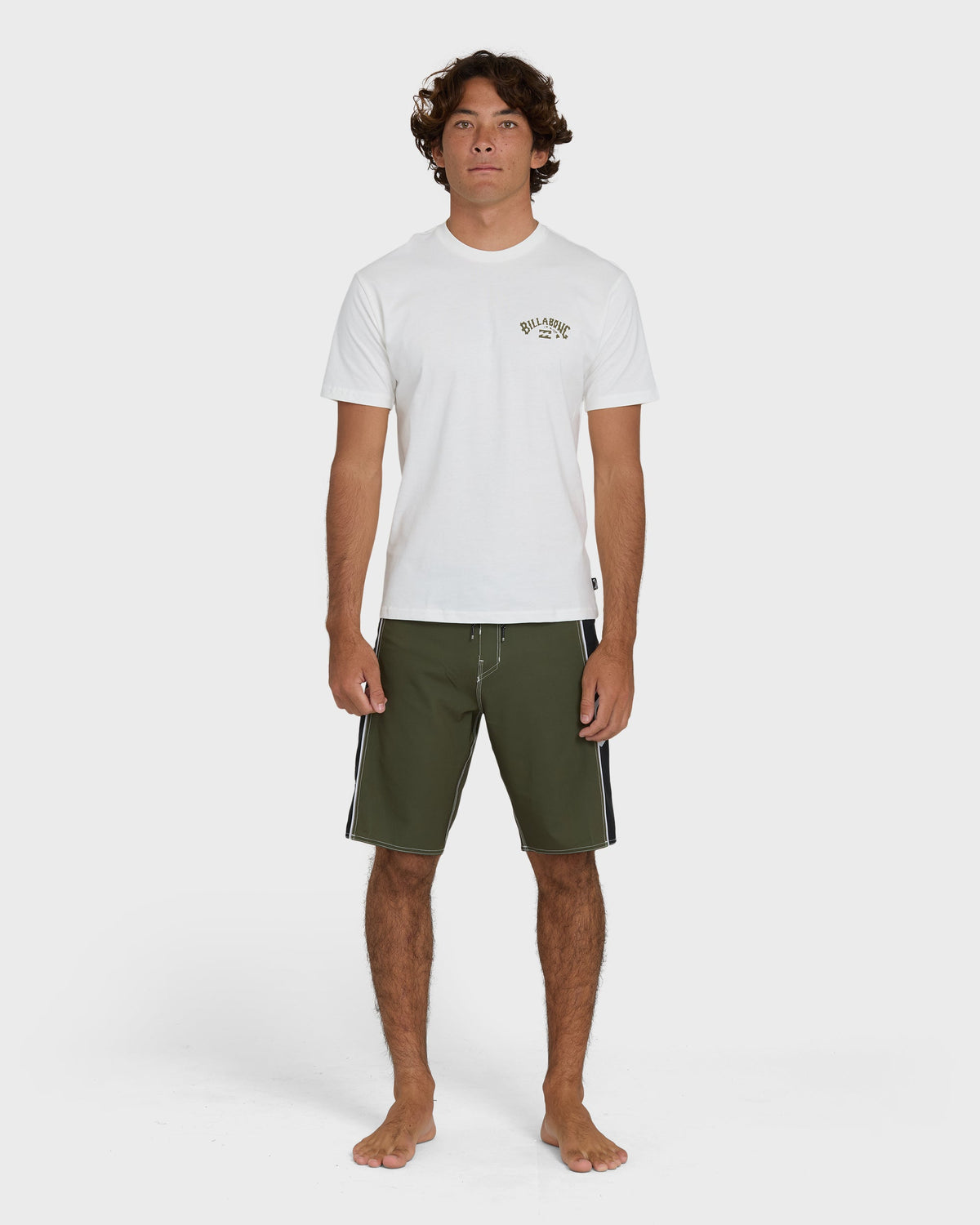 Off-white short sleeve t-shirt with small chest logo, worn with olive shorts.