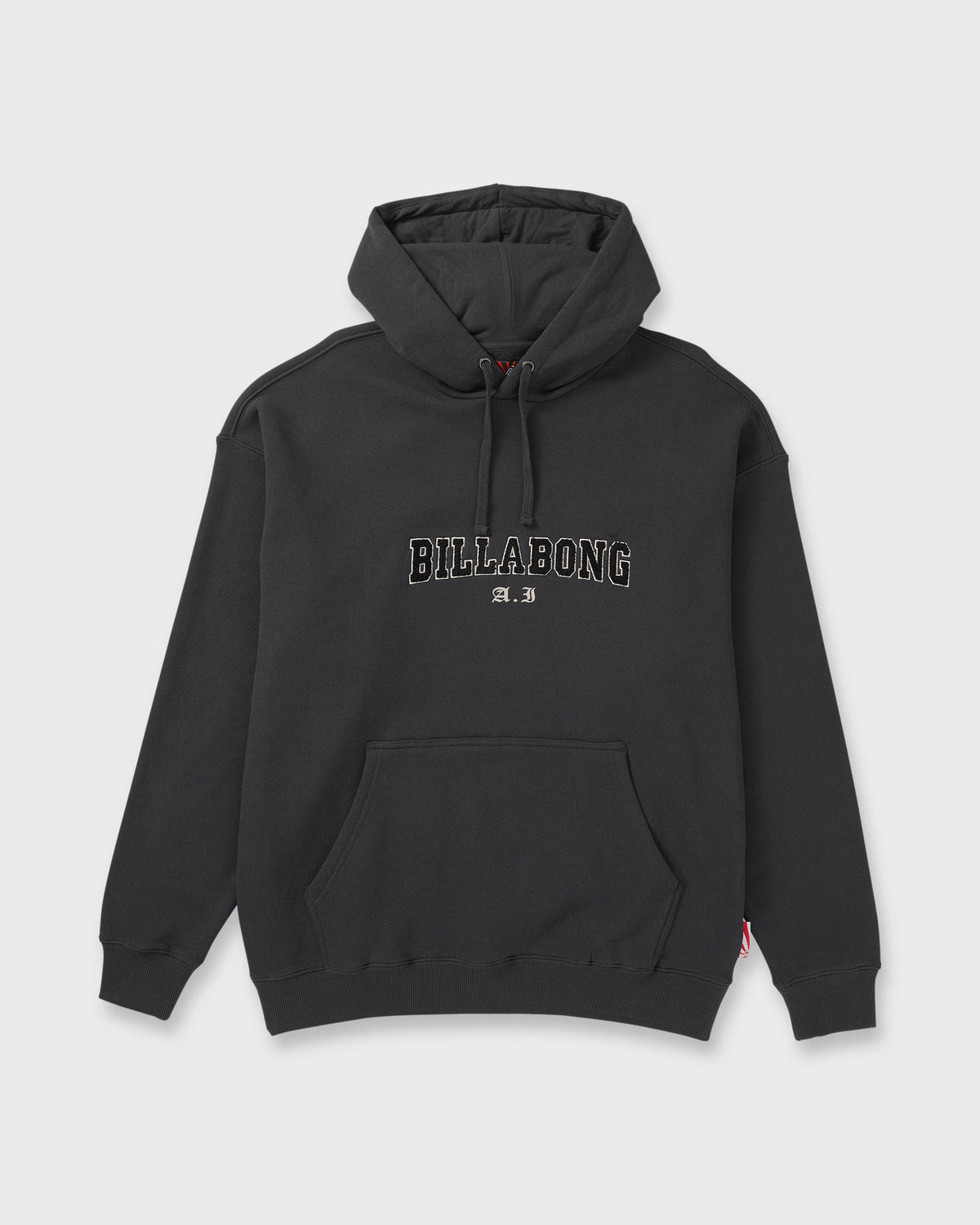 Black hoodie with "Billabong" text applique on chest and drawstring hood.