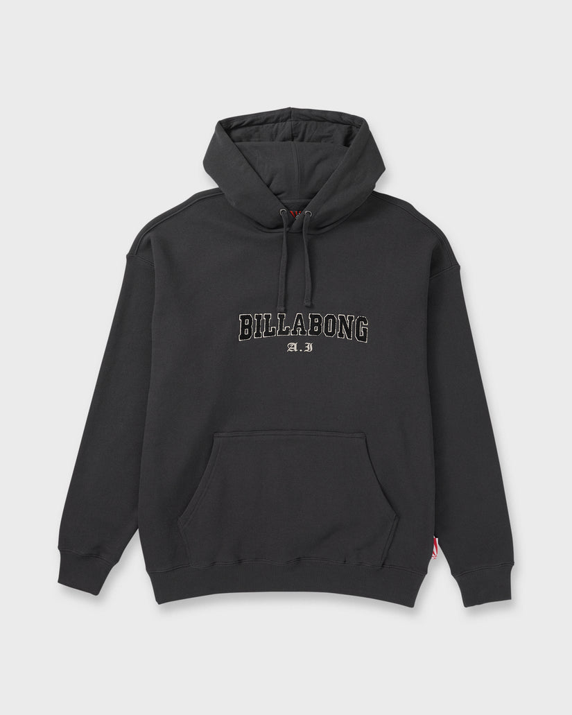 Black hoodie with "Billabong" text applique on chest and drawstring hood.