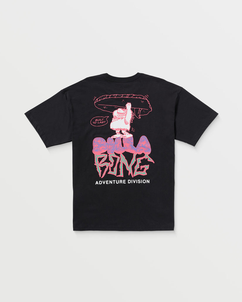 Black short sleeve tee with pink and purple graphic design featuring text and illustrated character on back.