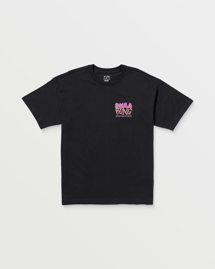 Black short-sleeve t-shirt with pink and yellow graphic logo on chest.