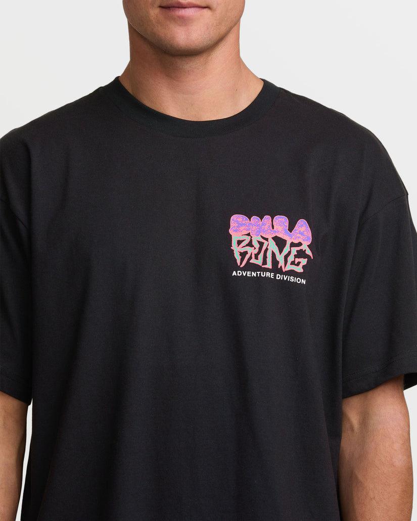 Black short sleeve t-shirt with colorful "Adventure Division" graphic print on chest.