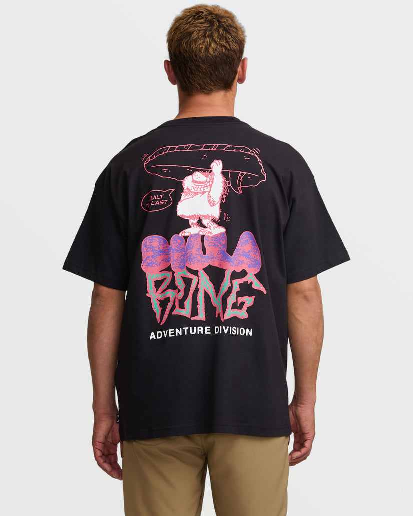 Black short sleeve tee with colorful graphic print on back featuring surfboard and "Adventure Division" text.