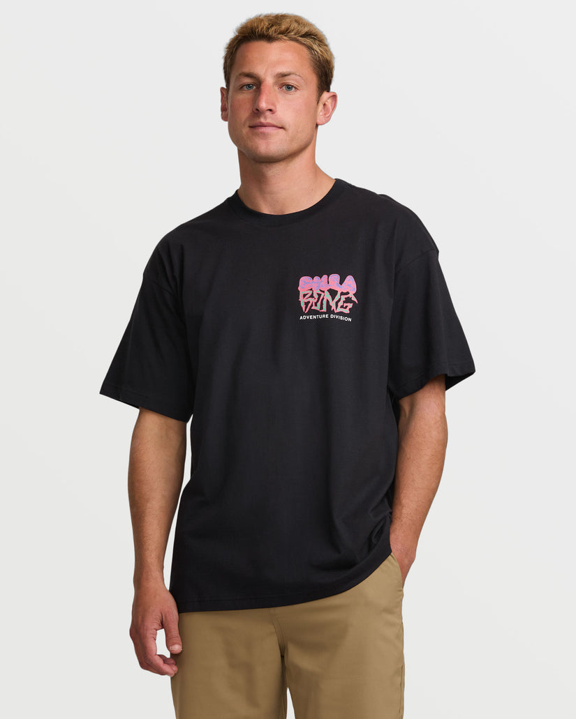 Black short sleeve t-shirt with small pink and purple graphic logo on chest.