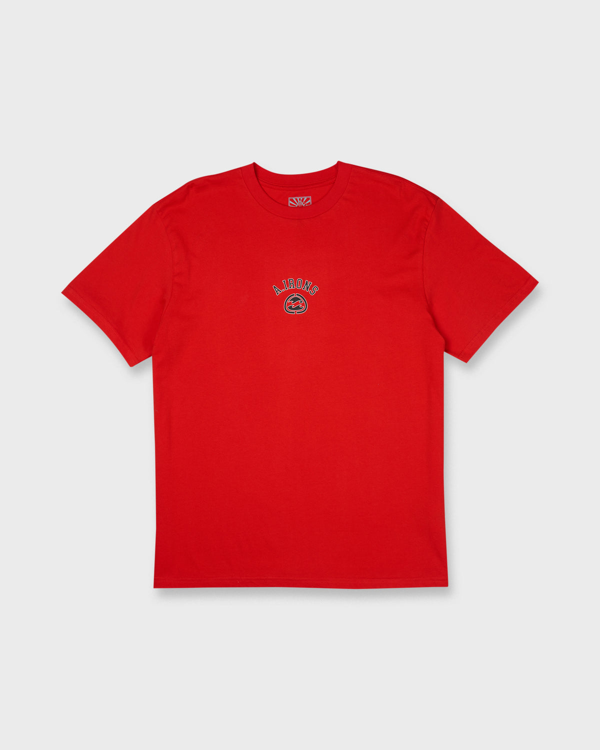 Red short sleeve t-shirt with small embroidered logo on chest.