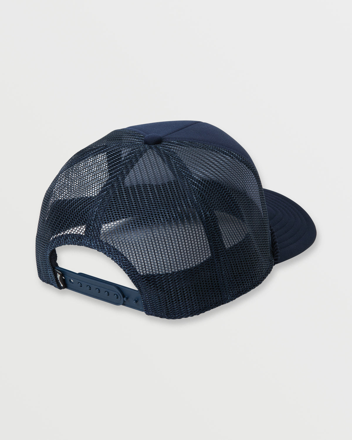 Navy trucker hat with mesh back panel and snap closure strap.