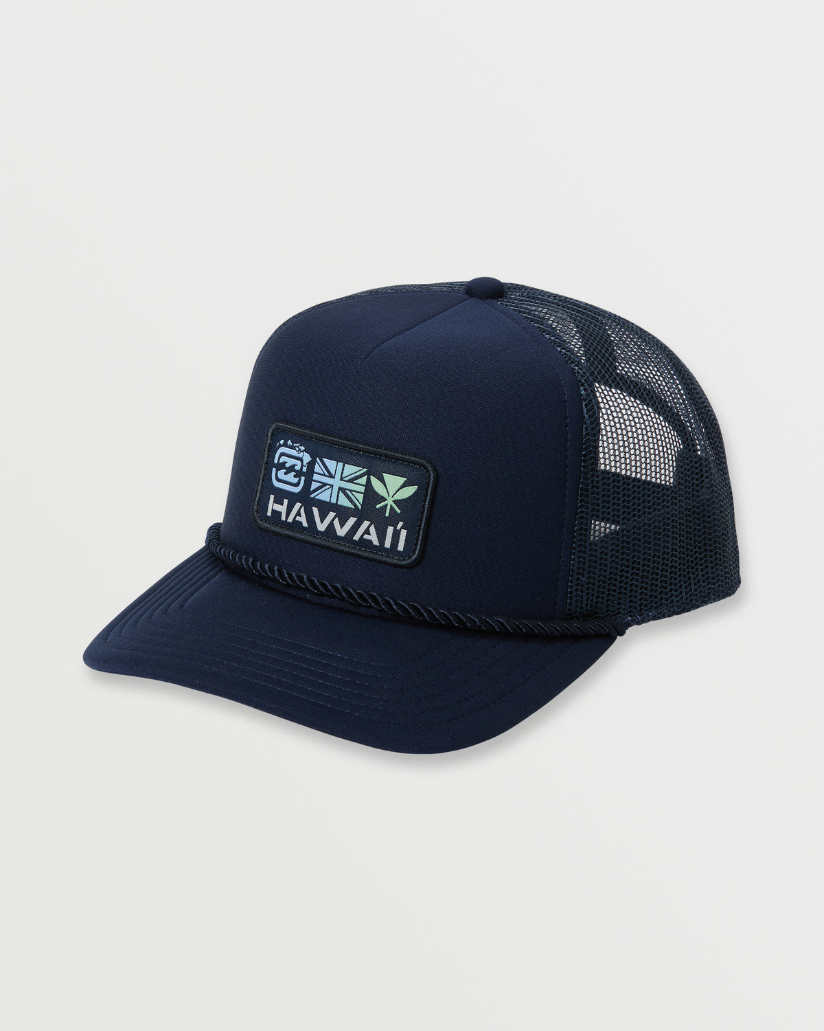 Navy trucker hat with mesh back panels and "Hawaii" patch on front panel.