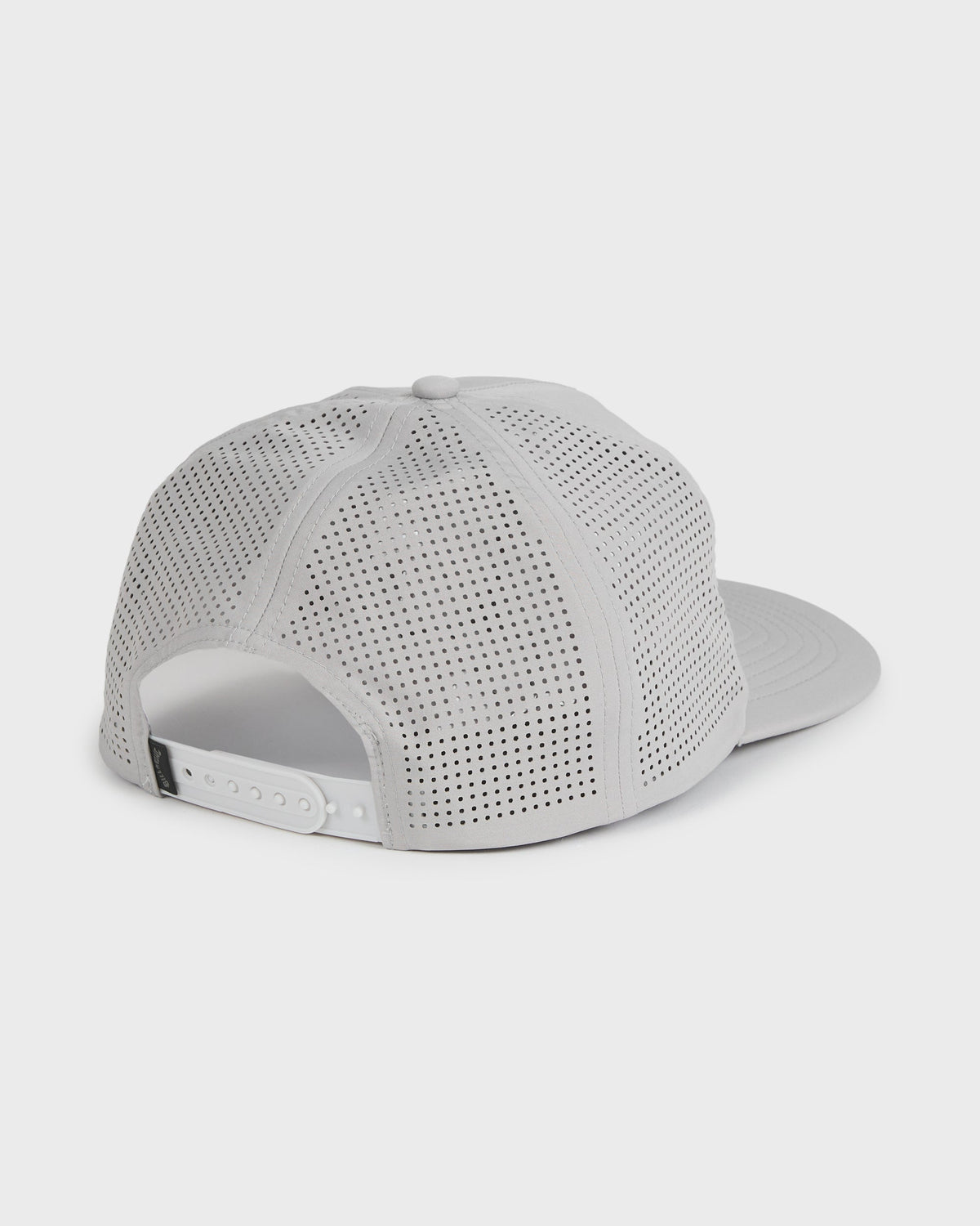 Grey heather trucker hat with perforated mesh panels and snapback closure shown from back view.