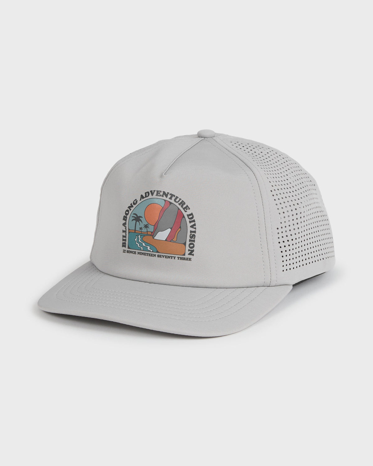 Grey heathered trucker hat with perforated mesh back panel and front graphic badge featuring adventure design.