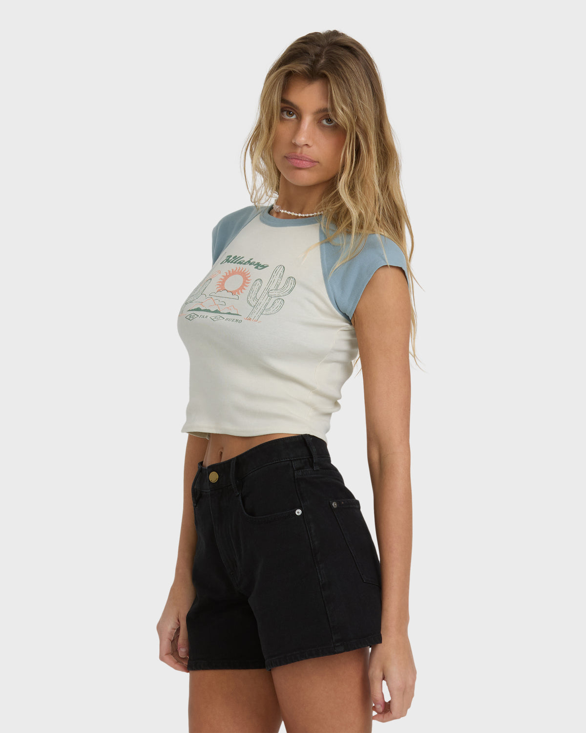 Mineral blue and cream raglan tee with short sleeves and sun cactus graphic on front.