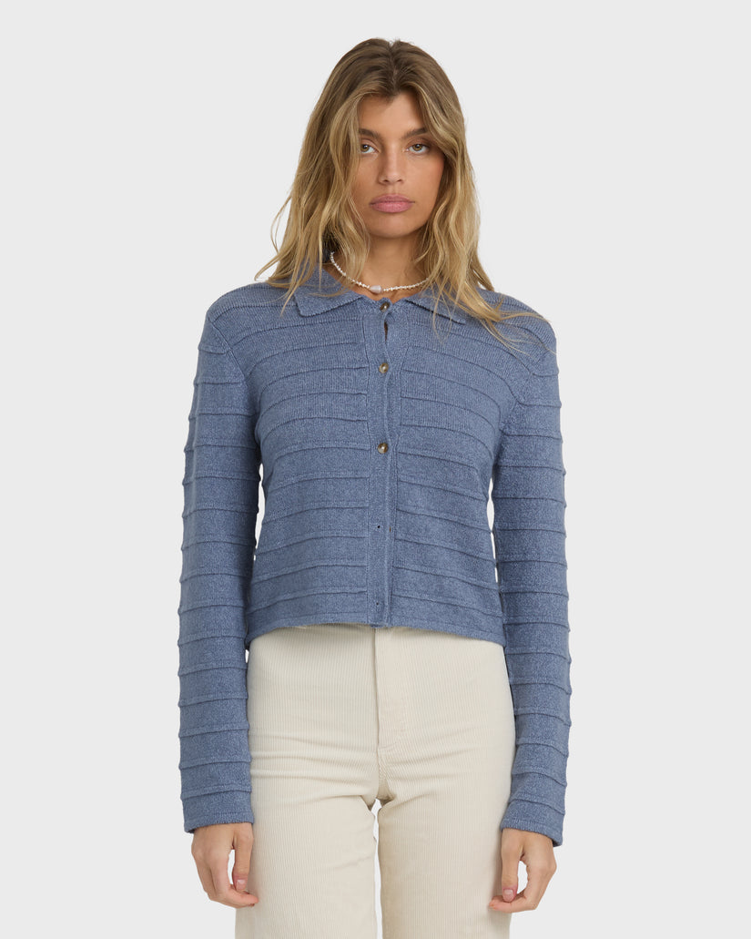 Stone blue ribbed cardigan with button front and long sleeves.