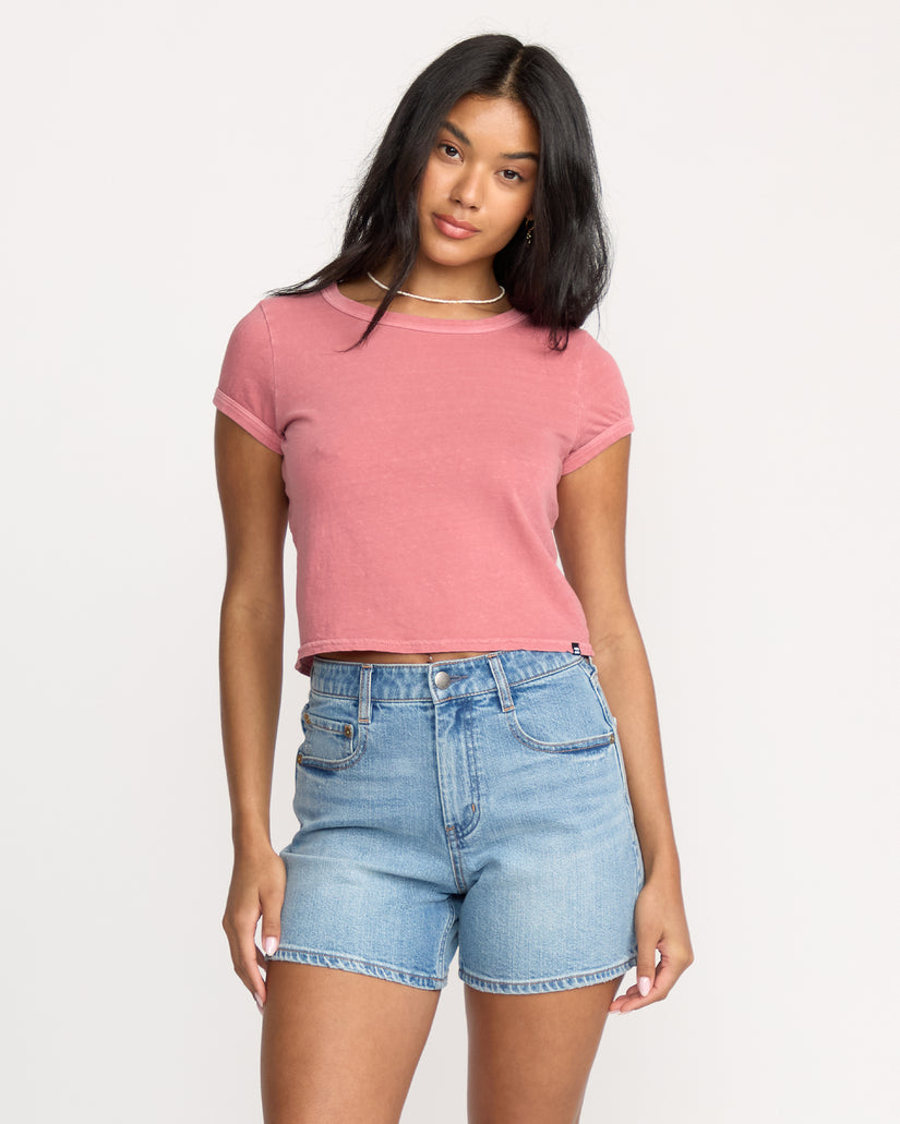 Light blue denim shorts with shaded wash, five-pocket styling, and frayed hem.