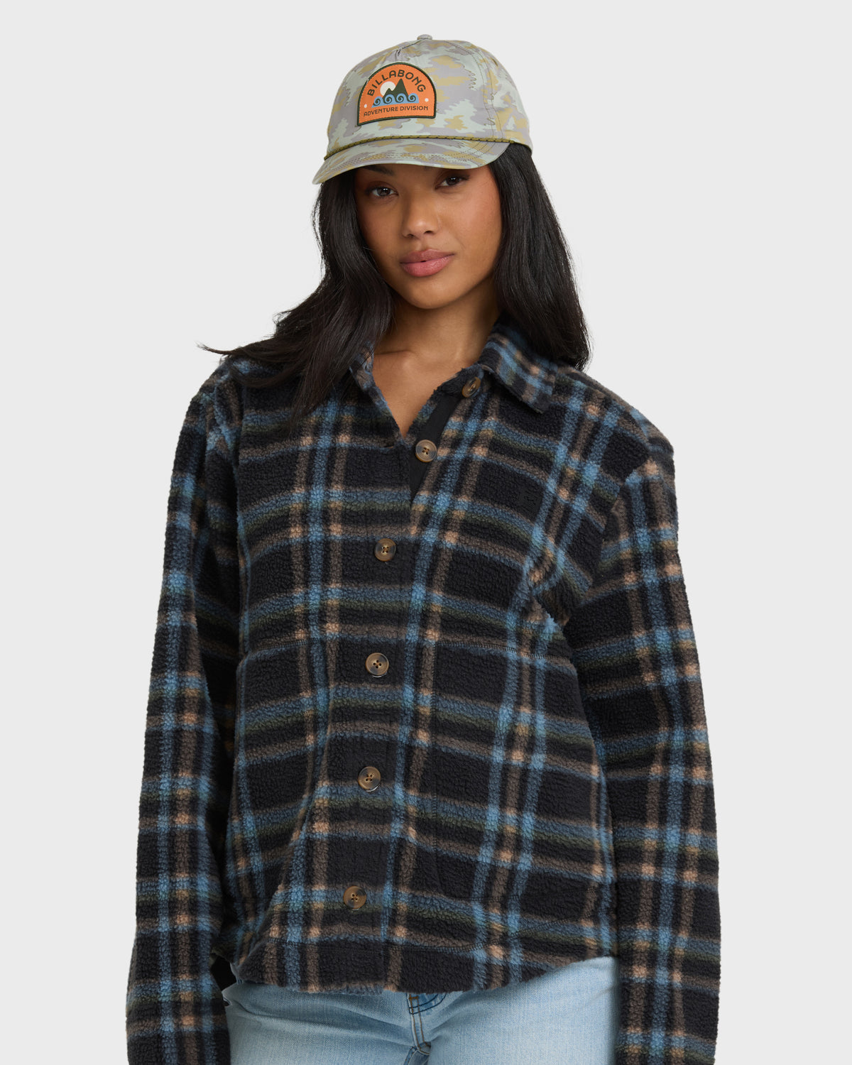 Black and blue plaid sherpa shacket with button front and collar.