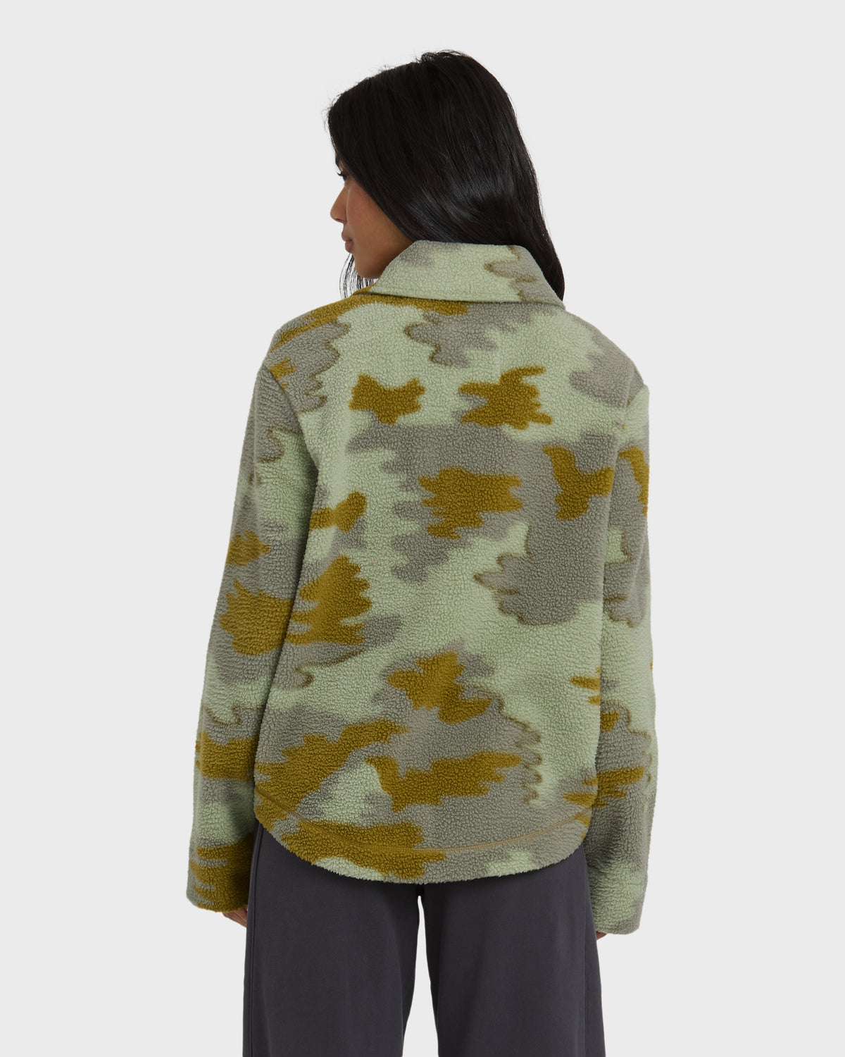 Camouflage sherpa shacket in sage green, gold, and gray tones with collared neckline, shown from back view on model.
