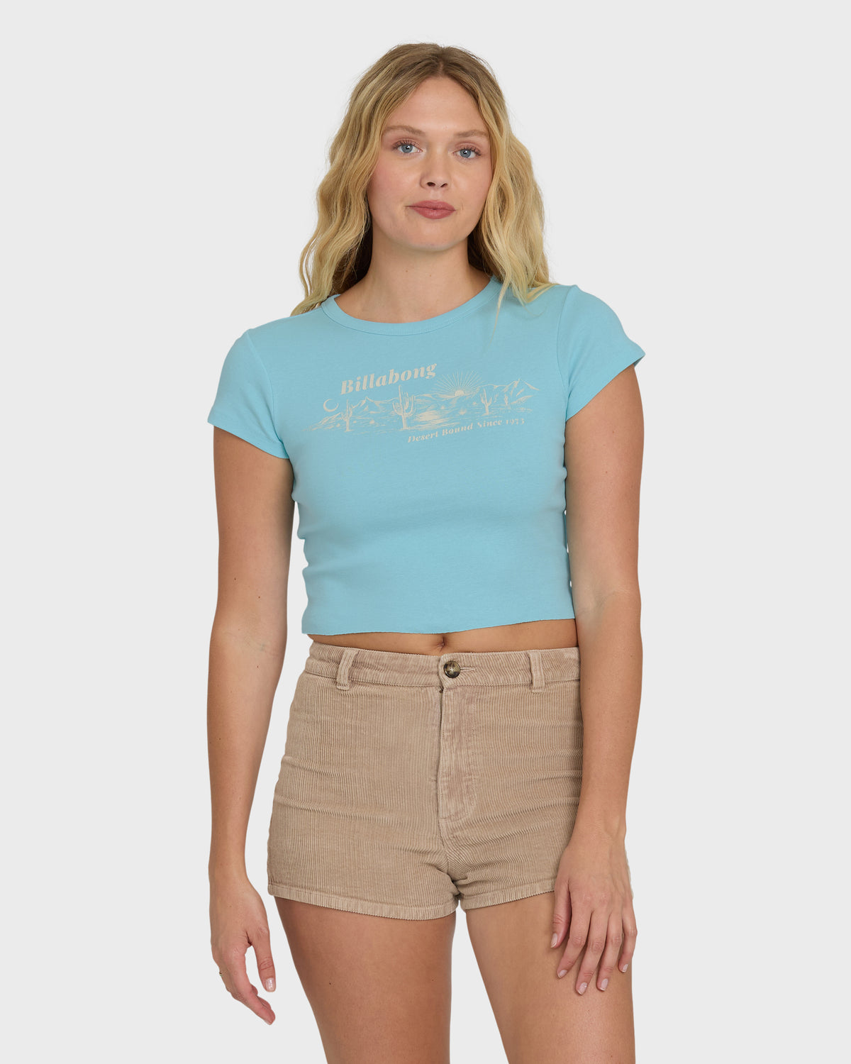 Laguna blue short sleeve t-shirt with cream-colored Billabong desert graphic on chest.