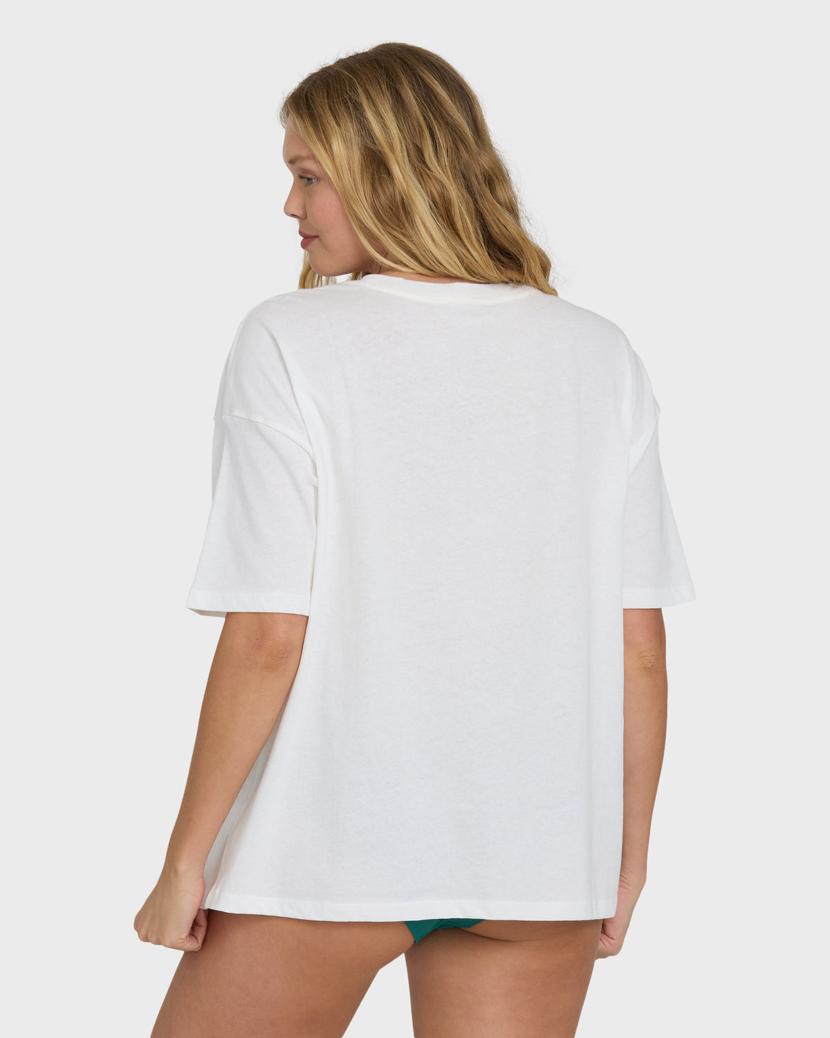 Salt crystal short sleeve t-shirt with crew neckline, shown from back on model with blonde hair.