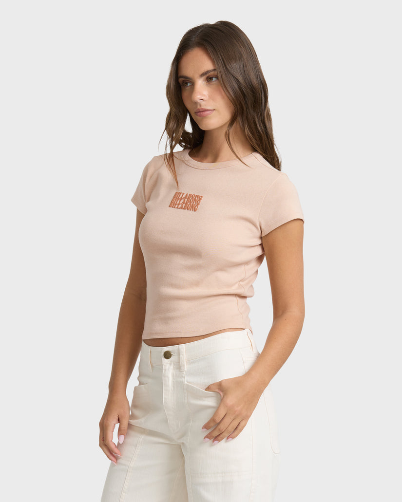 Oatmeal short sleeve t-shirt with stacked text graphic on chest, fitted silhouette.
