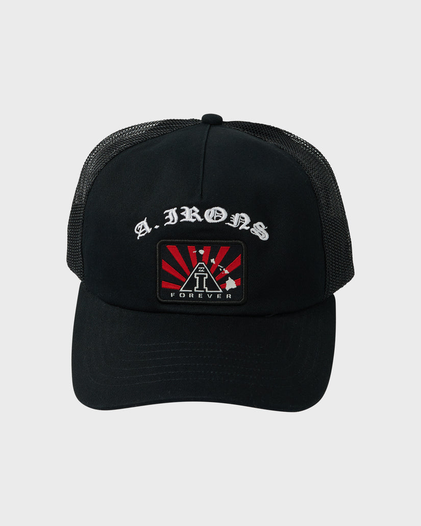 Black trucker hat with mesh back panels, embroidered "A.I. IRONS" text and red rising sun logo patch on front.
