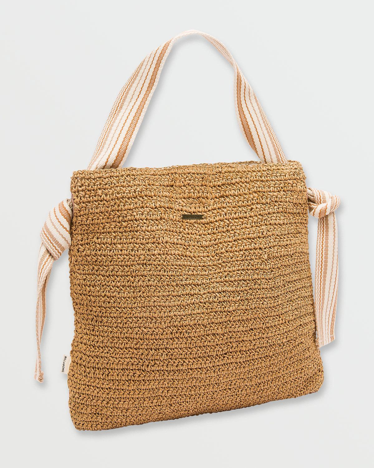 Tan woven straw tote bag with striped canvas handles and knotted side drawstring details.