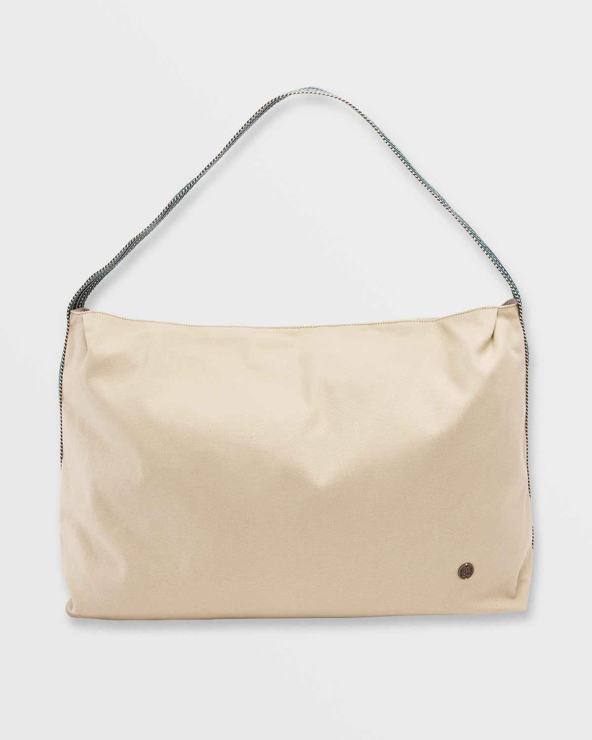 Coyote-colored shoulder bag with braided dark strap and small circular logo detail on front.