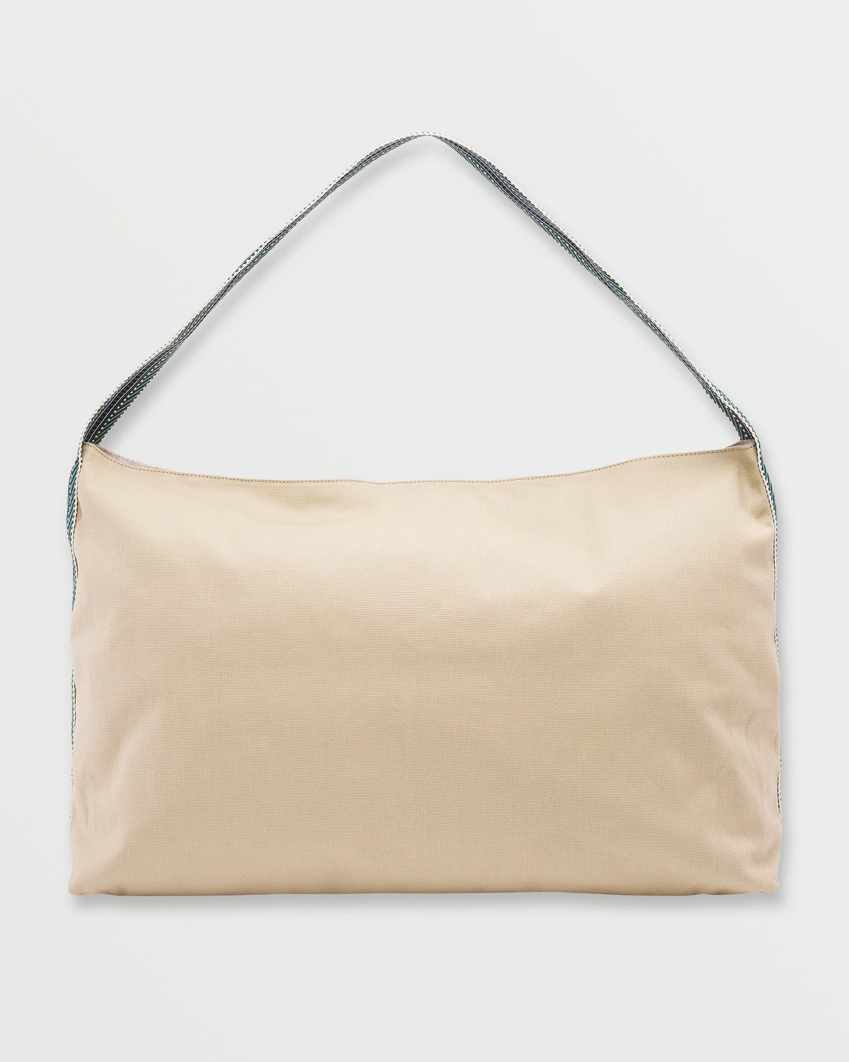Cream-colored shoulder bag with gray woven handles and structured rectangular silhouette.