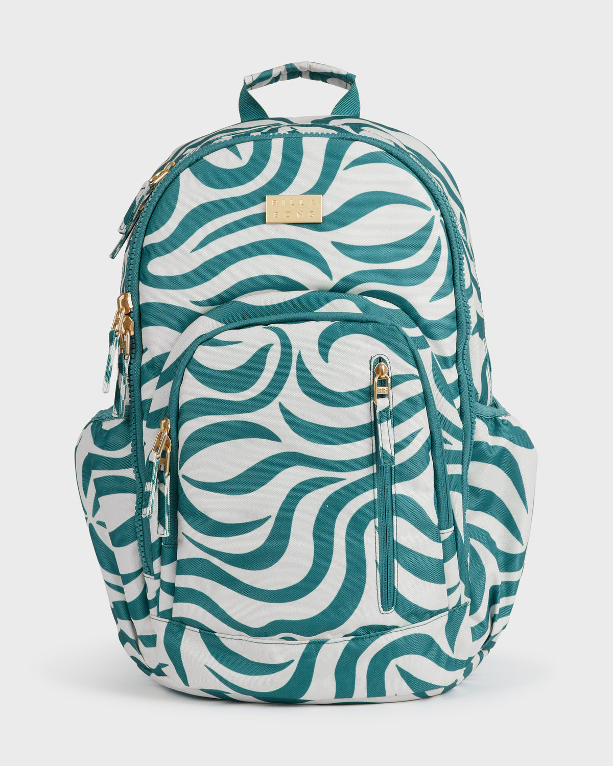 Teal and white backpack with wavy pattern, front zippered pocket, and gold-toned hardware.