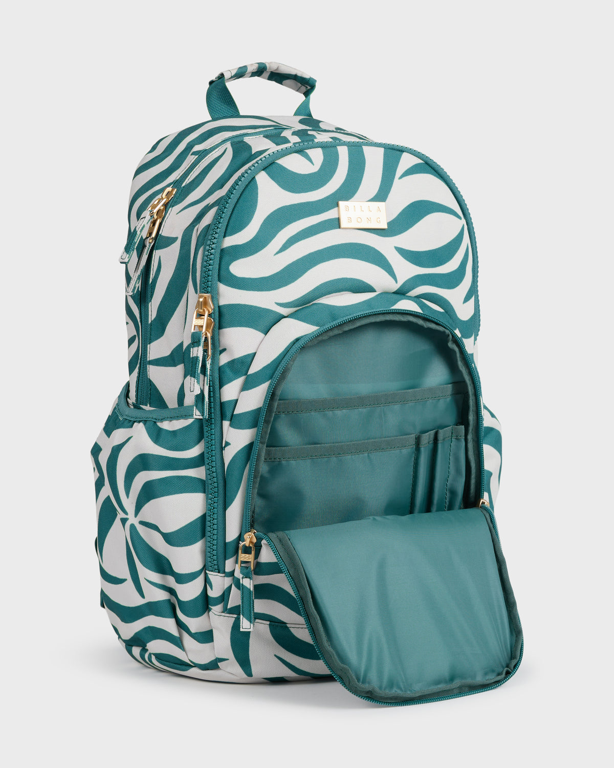 Teal and white backpack with swirling pattern, gold zippers, padded handles, and open front pocket revealing organized compar