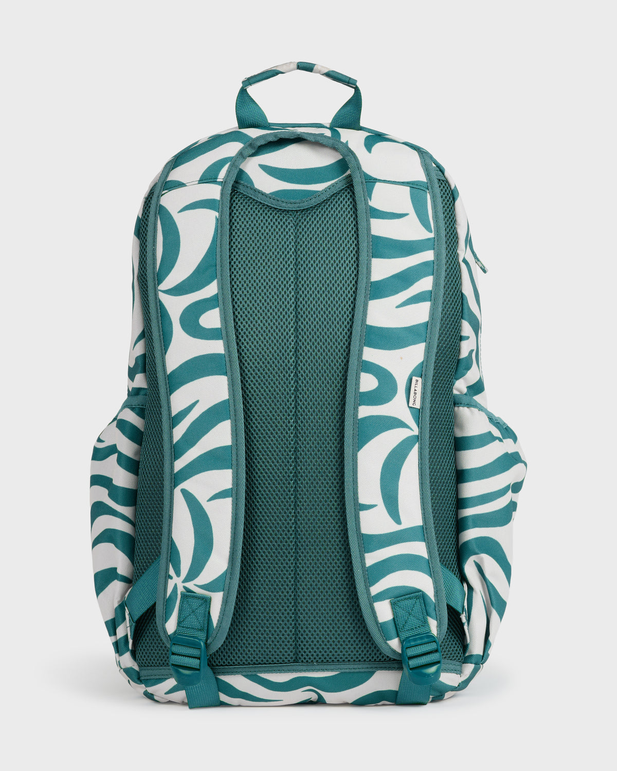 Evergreen backpack with white and teal abstract pattern, padded straps, and mesh back panel.