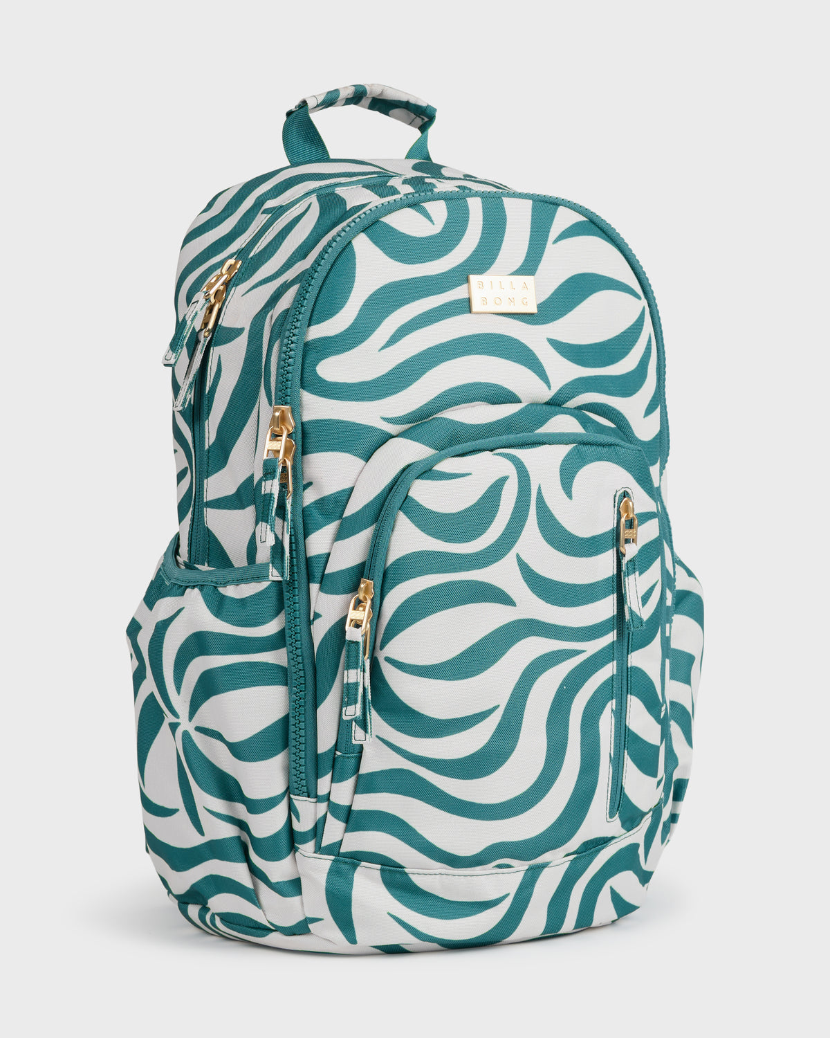 Teal and cream backpack with wavy stripe pattern, multiple front pockets, and padded straps.