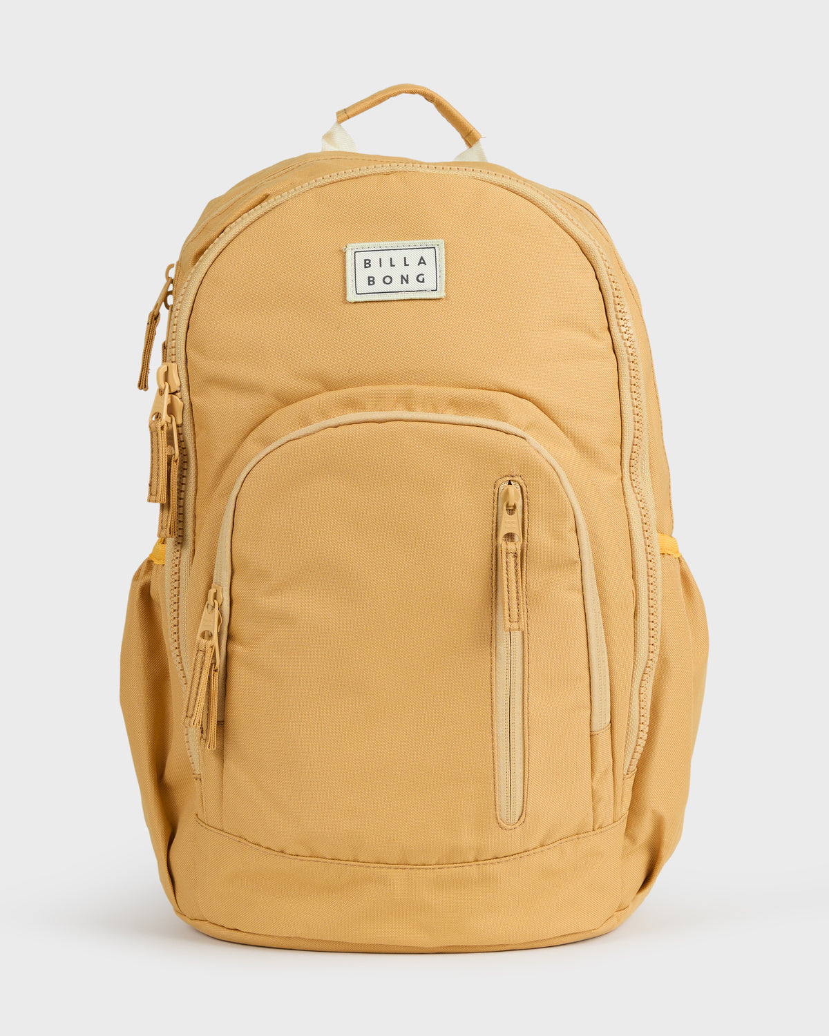 Honey-colored backpack with padded straps, front zipper pocket, and Billabong brand label.