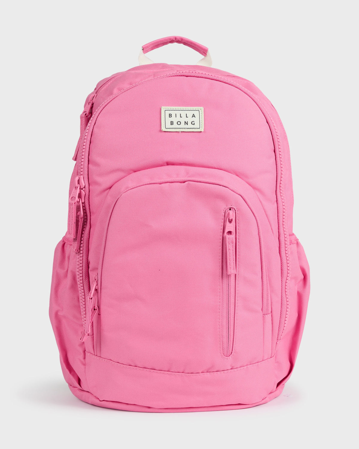 Pink backpack with padded straps, front zip pocket, and Billabong brand label.