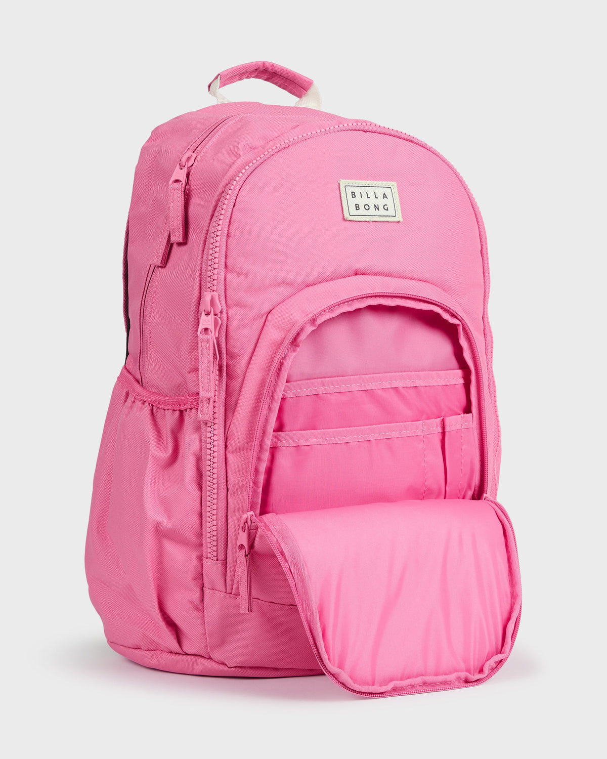 Pink Roadie backpack with top handle, front zippered pockets, and branded label.