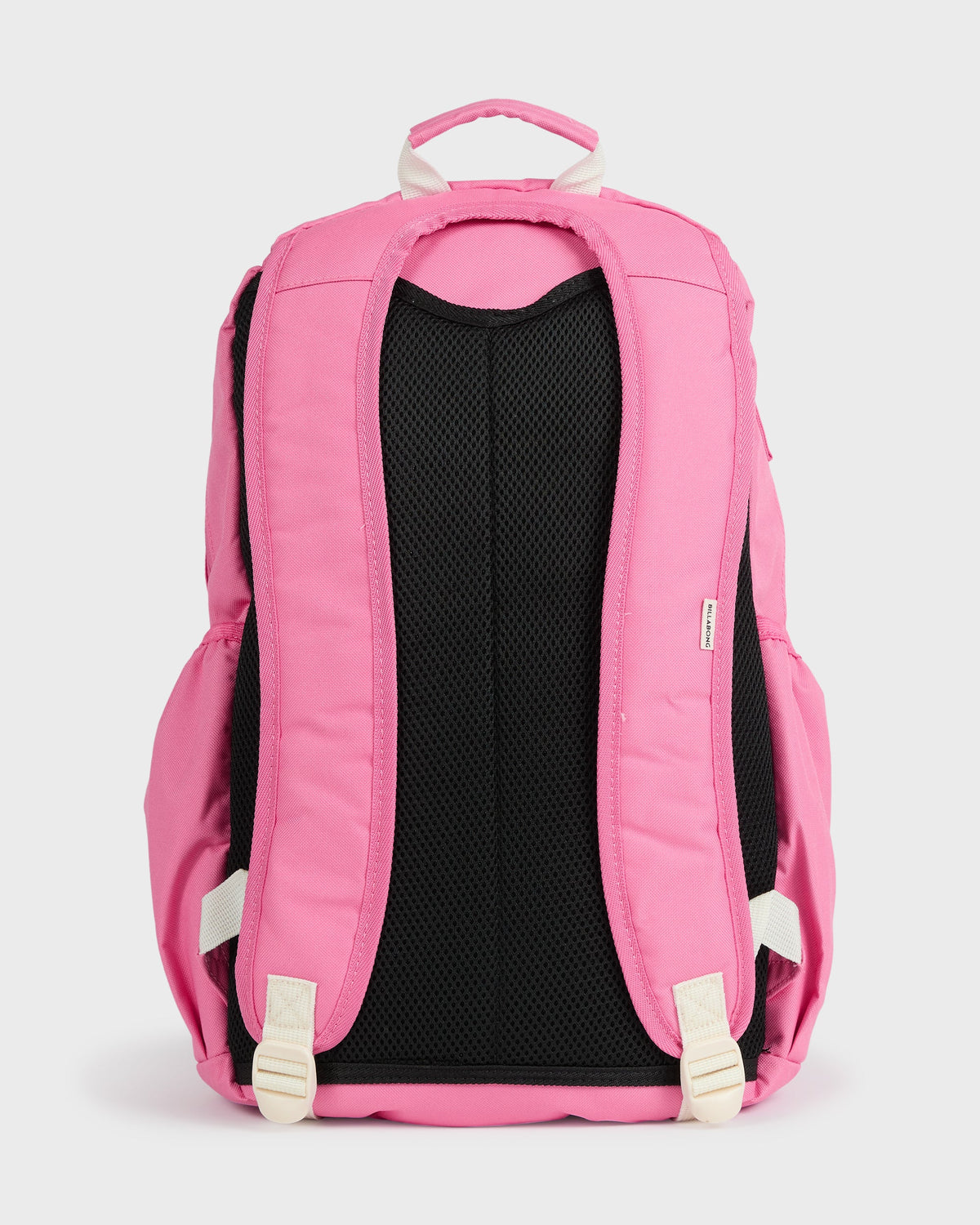 Pink backpack with black mesh back panel, white padded shoulder straps, and top carry handle.