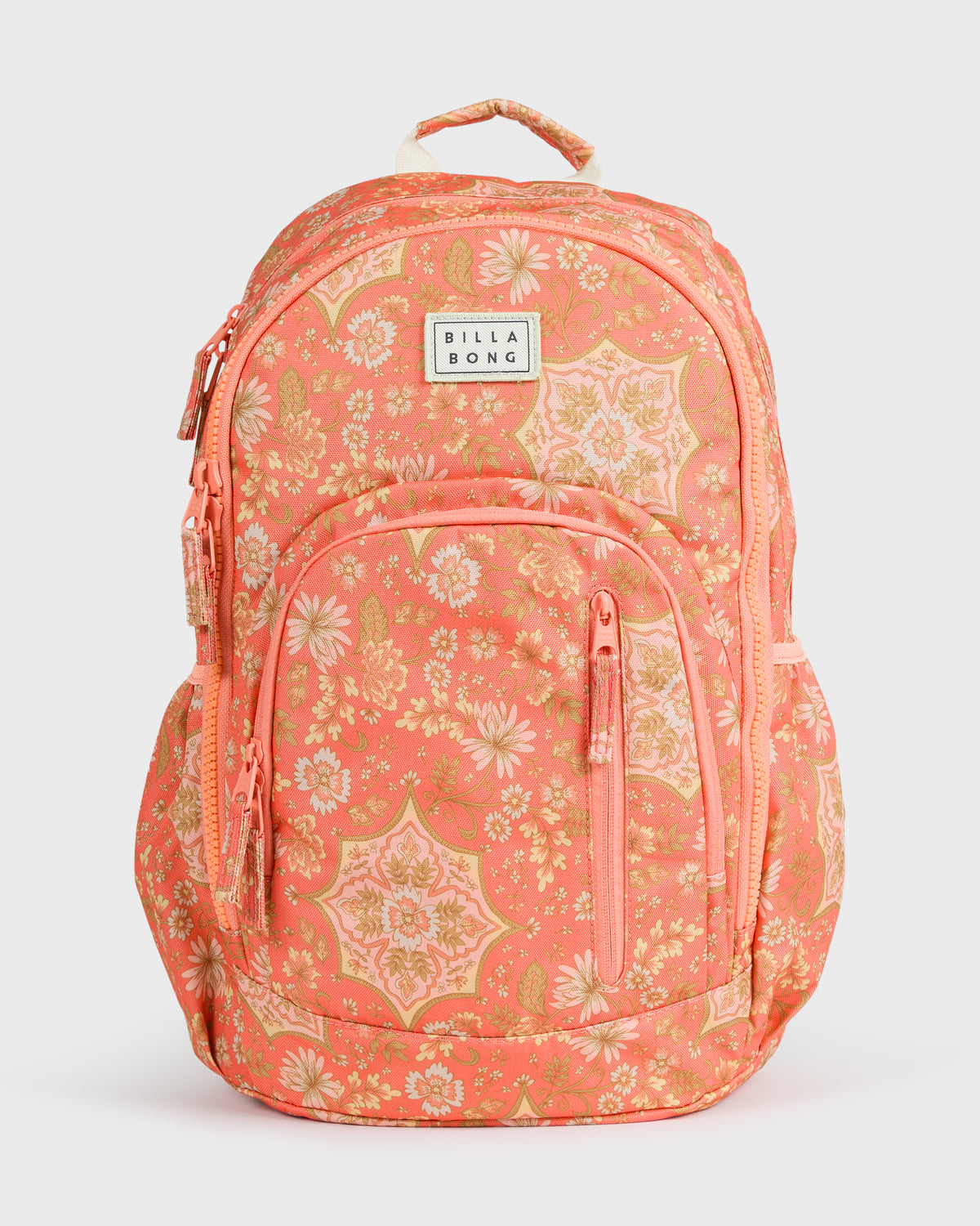 Coral backpack with floral and geometric pattern, front zippered pocket, padded straps, and Billabong logo patch.