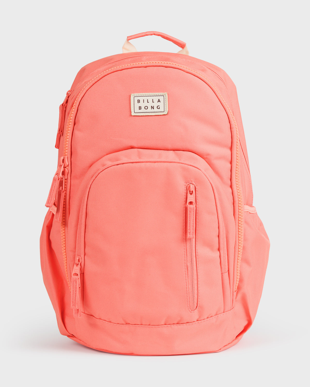 Papaya-colored backpack with padded shoulder straps, front zip pocket, and Billabong logo patch.