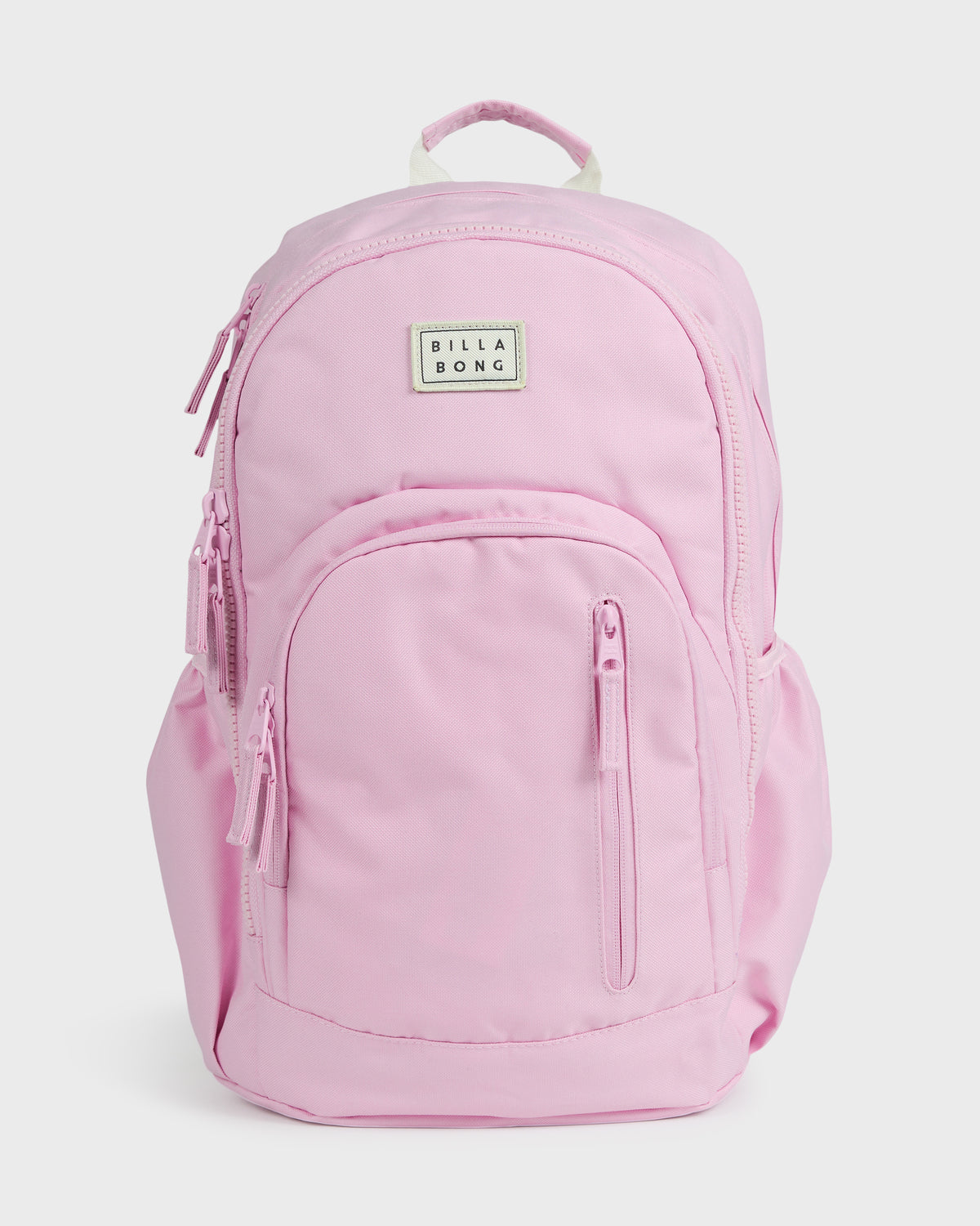Lavender pink backpack with padded handles, front zippered pocket, side pockets, and Billabong brand label.