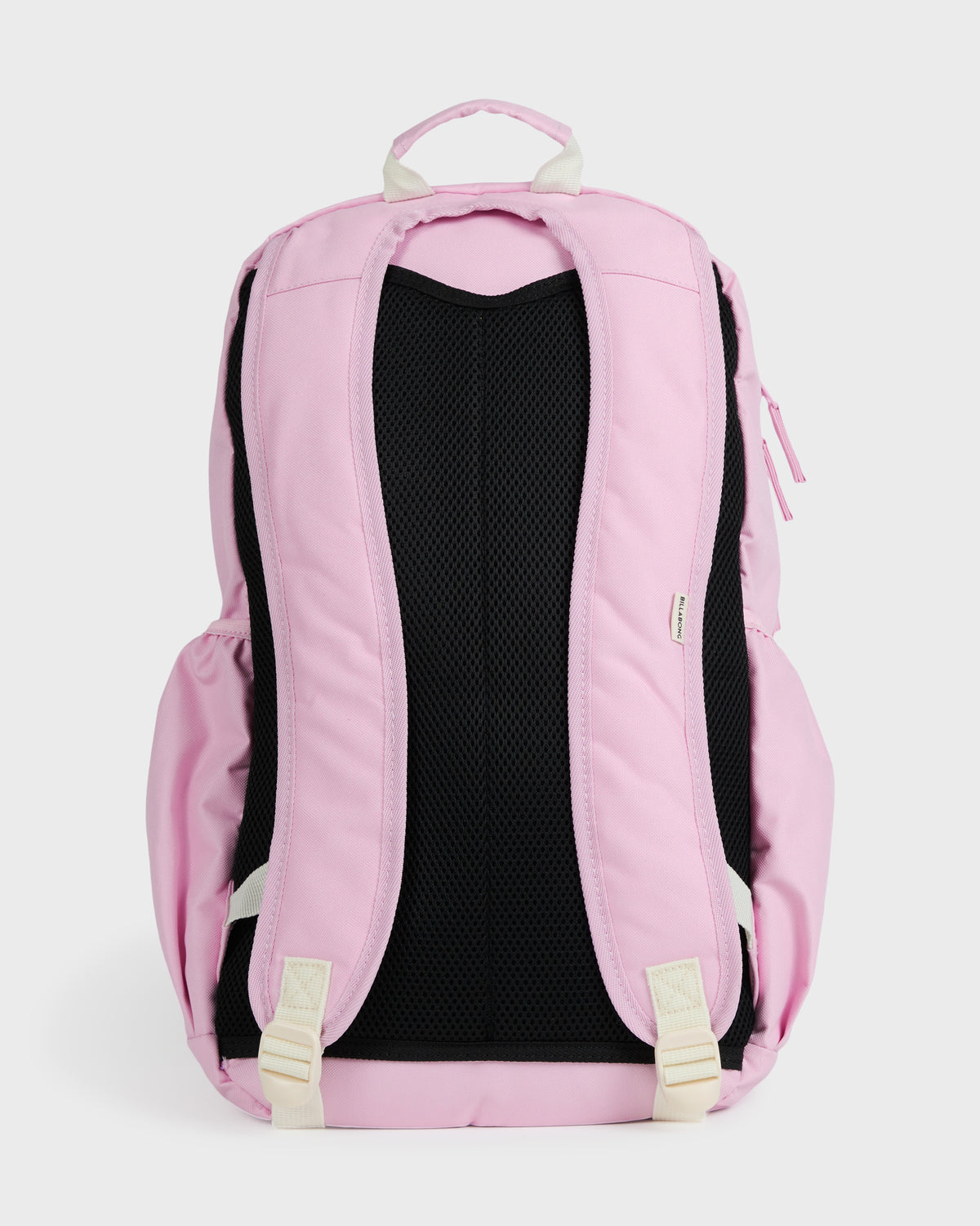 Light pink backpack with black mesh back panel, padded shoulder straps, and cream-colored buckle straps.