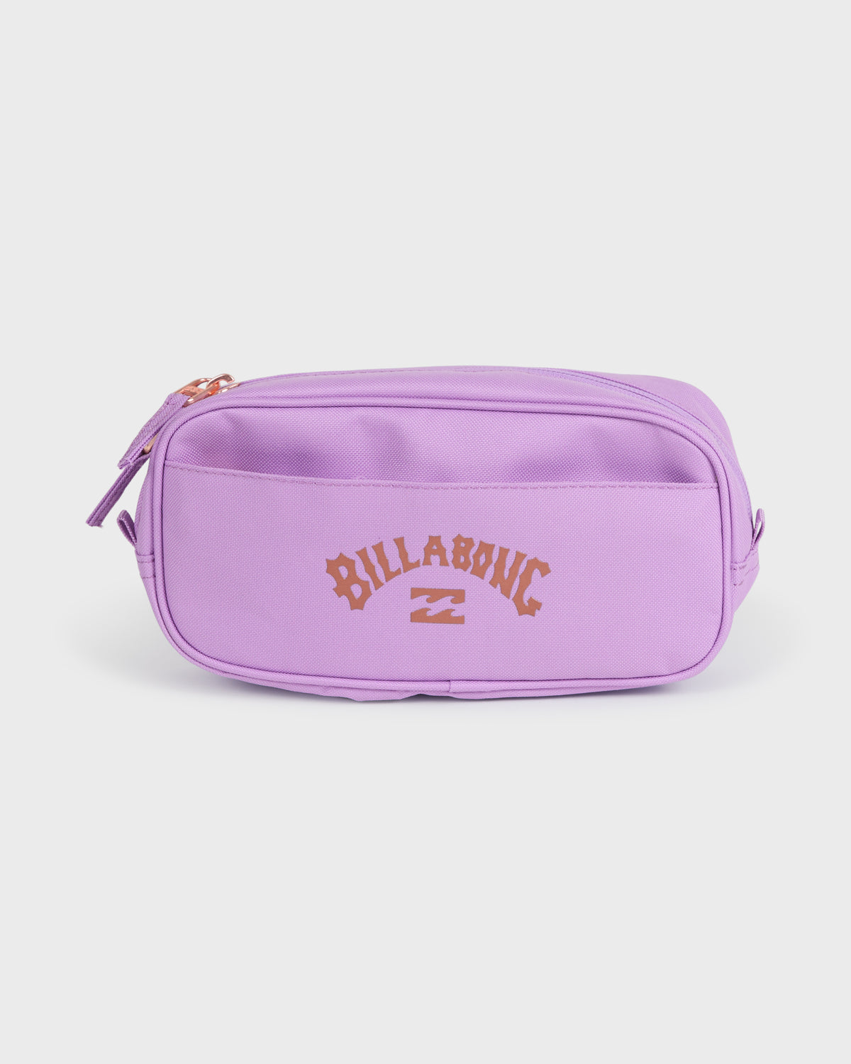 Light purple pencil pouch with "Billabong" text and logo, featuring a front pocket and zip closure.