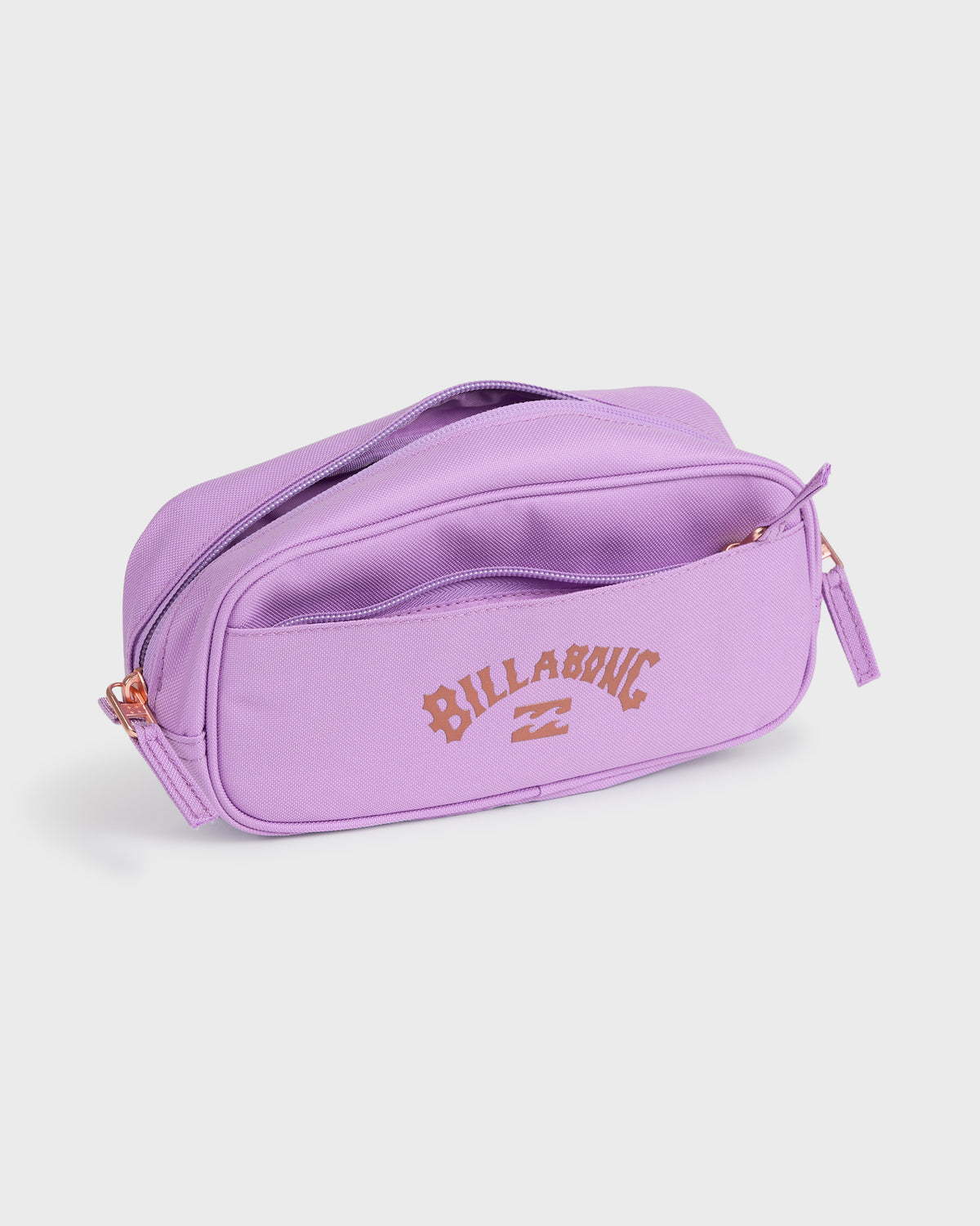 Light purple pencil pouch with "BILLABONG" text, dual compartments, zippered closure, and wrist strap.