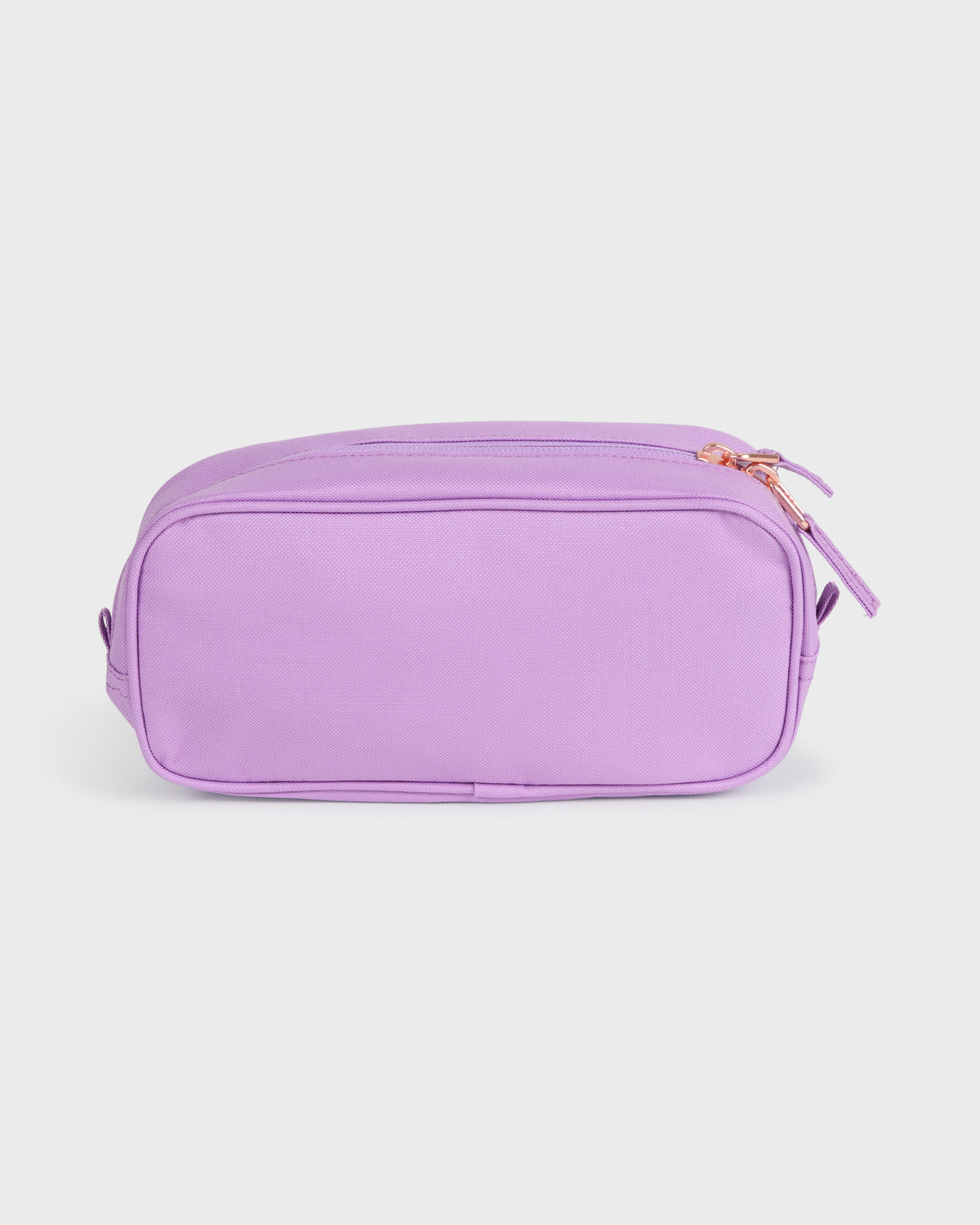 Light purple rectangular pencil pouch with top zipper and rose gold hardware.